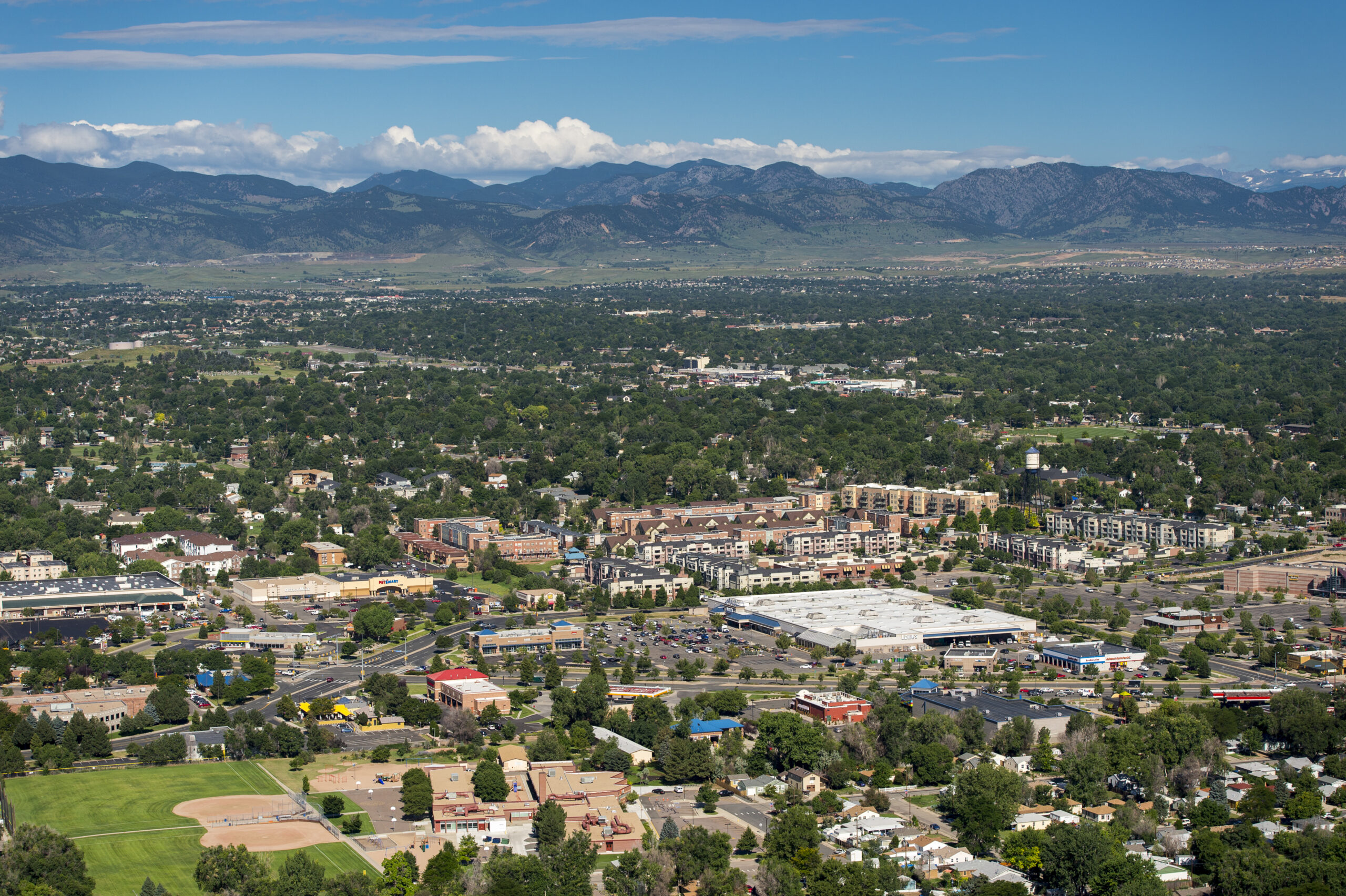 Arial view of Arvada, Colorado, showing the local community and surroundings for personal injury services