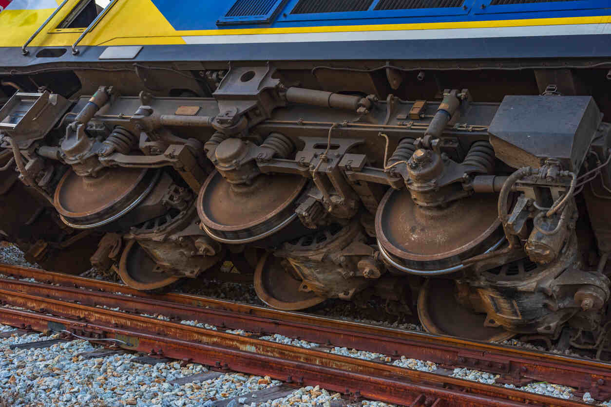 The close-up view shows the derailed wheels of a yellow and blue train resting off the tracks, surrounded by gravel. The scene suggests a train accident with a focus on the damaged undercarriage and the displaced wheels.